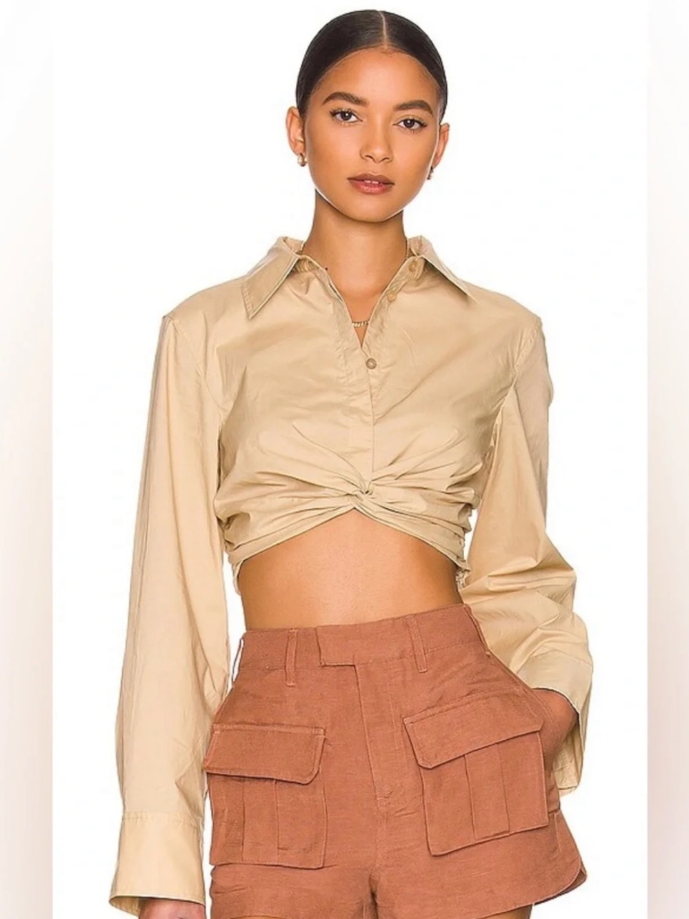 LโAcademie Revolve Tan Cropped Button Down Shirt Twist Front XS New without tags